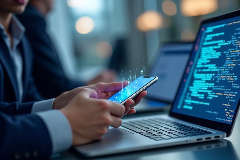 Développement d'Applications Mobiles - Ingénieur travaillant sur un smartphone et un ordinateur portable.